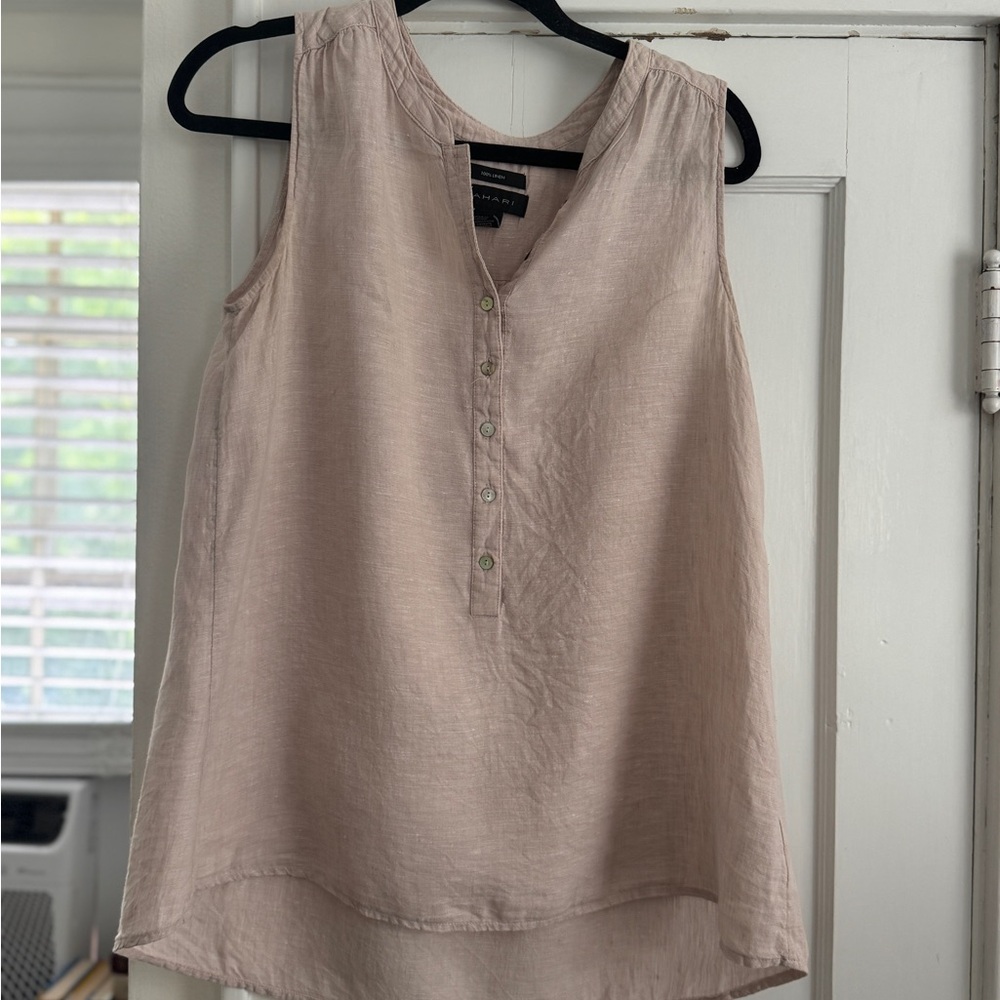 Sleeveless Beige Linen Button Down Top
